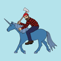 Paul Bunyan on Babe the blue unicorn, 8x8 print