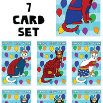 Cat dressed as comic New Year 7 card set