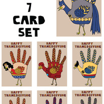 Hand turkey comics Thanksgiving 7 card set
