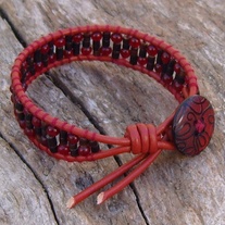 Red Leather Beaded Button Toggle Bracelet