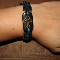Black leather Cross bracelet with blue piping 