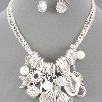 Silver Starfish, Seahorse & Shell Beach Charm Necklace Set
