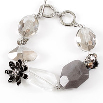 Chunky Faceted Grey Agate Gemstone & Glass Bead Link Toggle Silver Bracelet