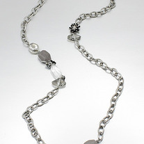 Silver Flower & Grey Agate Gemstone Glass Bead LONG Link Cluster Necklace 38"