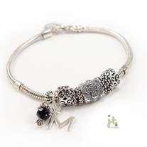 Sterling Silver European PANDORA Style Snakechain Initial Bracelet w/Cross Bead Charm