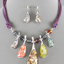 Funky Purple Cord Necklace w/ Multi Color Crackle Pendant Drops & Pearls (Free Earrings)