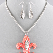 Coral Fleur De Lis & Floral Silver Pendant Necklace & Earrings
