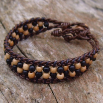 Brown Braided Leather Bracelet with Bone and Wood Beads