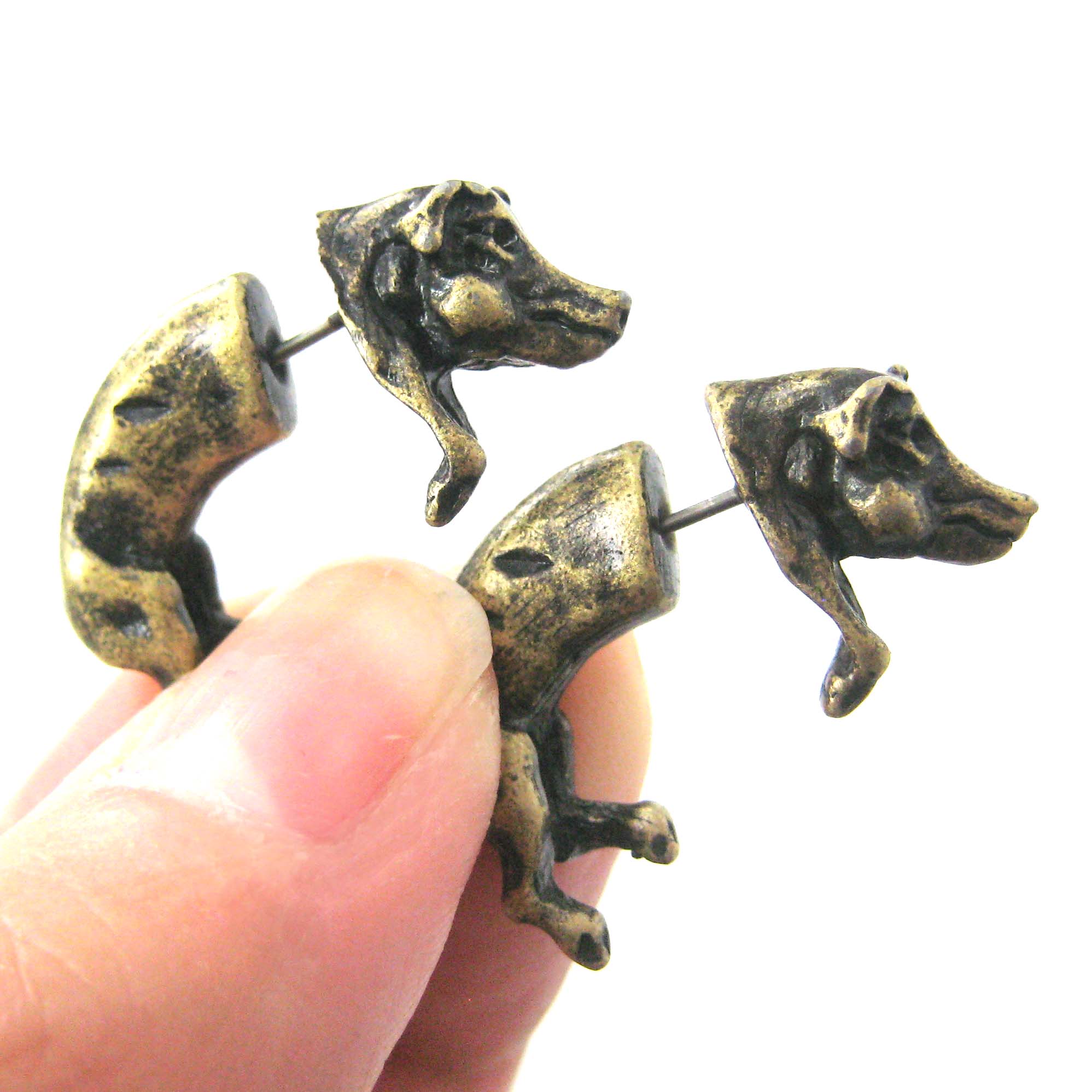 3D Fake Gauge Realistic Wild Boar Pig Animal Stud Earrings in Bronze