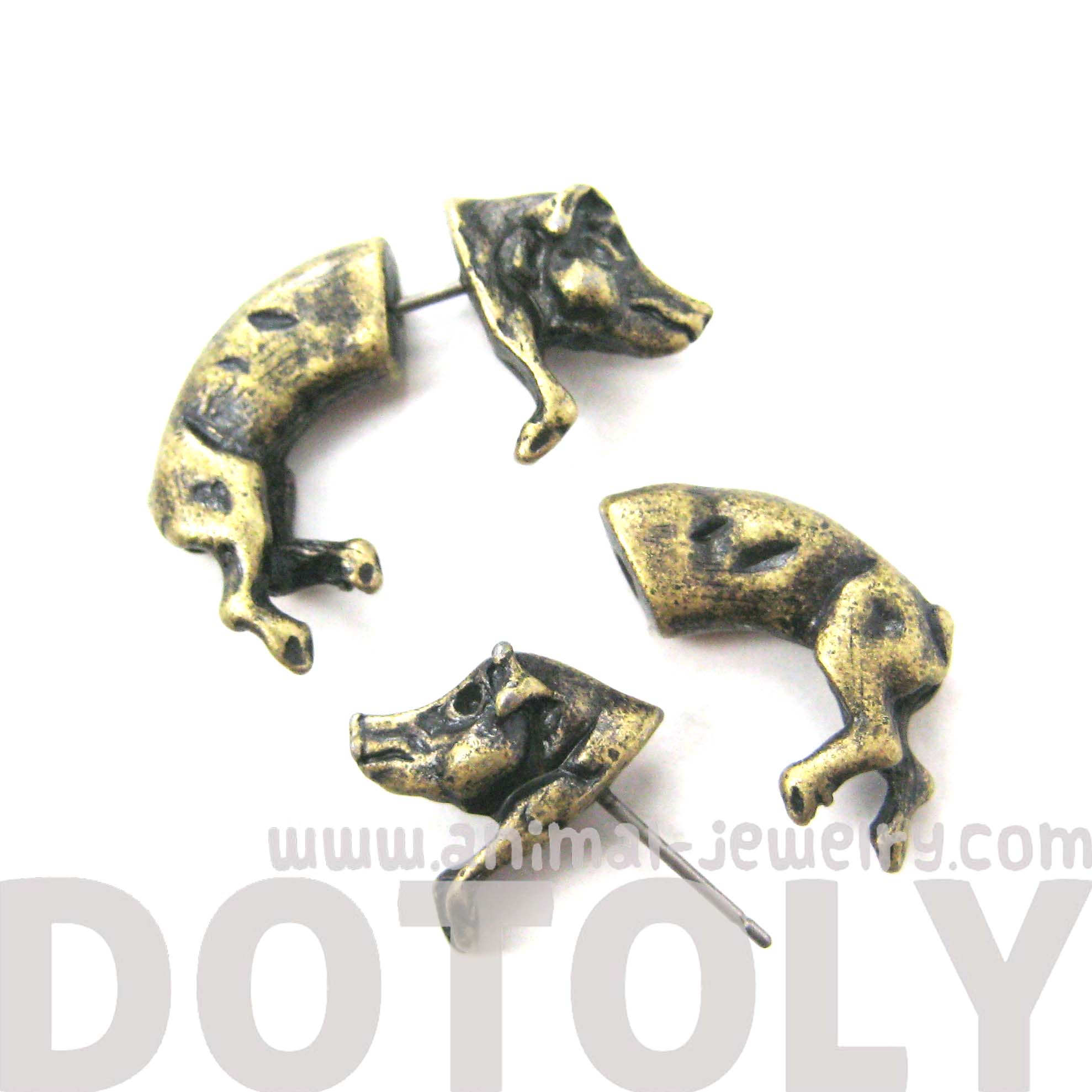 3D Fake Gauge Realistic Wild Boar Pig Animal Stud Earrings in Bronze
