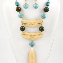 Turquoise & Ceramic Bead GOLD Leaf Stack Statement Necklace & Earrings