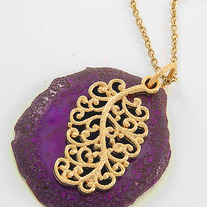 Fuchsia Agate Semi-precious Stone Slab Pendant Gold Necklace