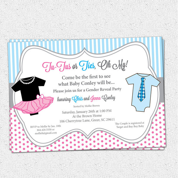 Tutus Or Ties Gender Reveal Baby Shower Party Invitations Pink And