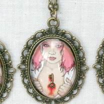 "Pink Pin-Up" Antique Bronze Gothic Art Pendant Necklace