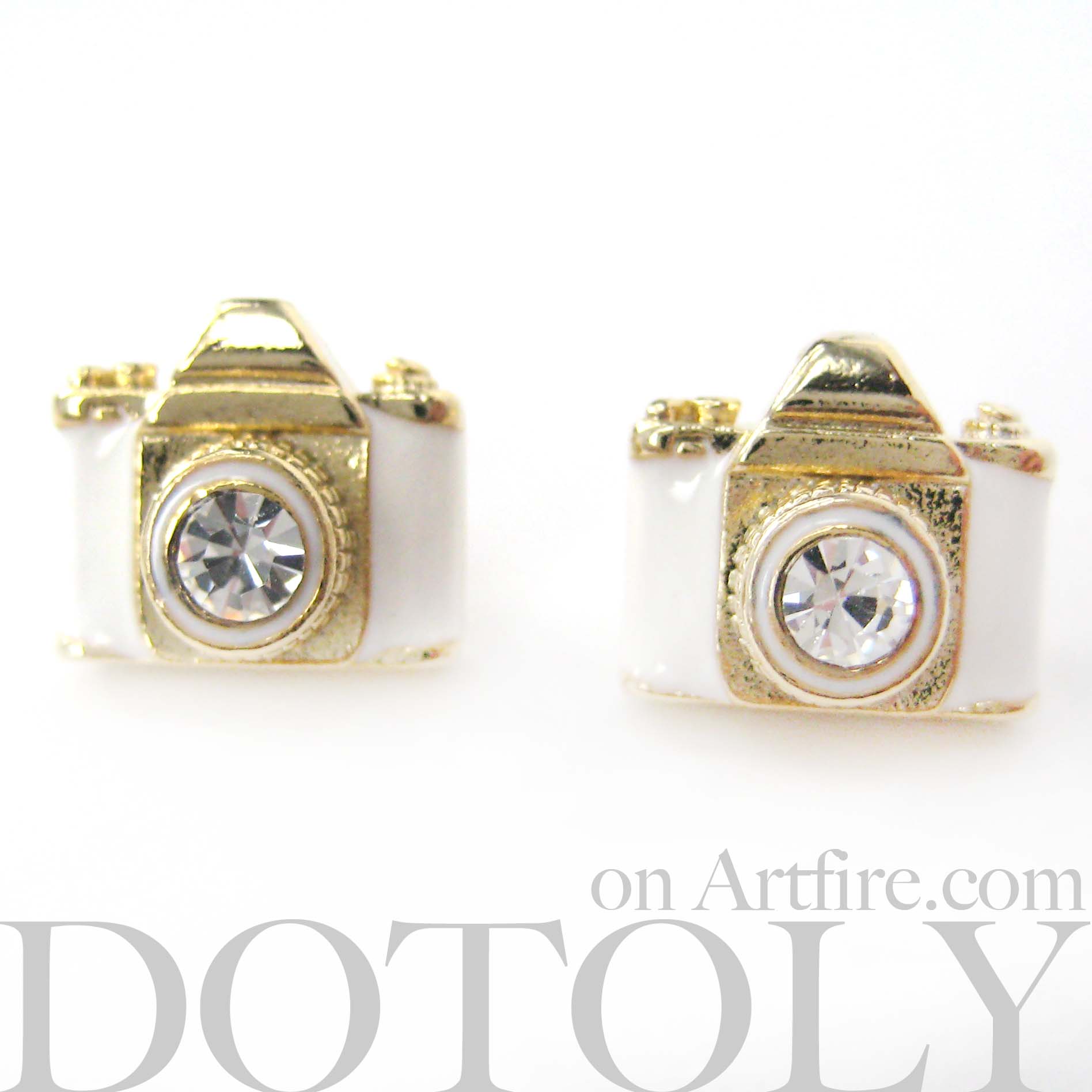 Tiny Camera Stud Earrings in White on Gold with Rhinestone Lens on Storenvy