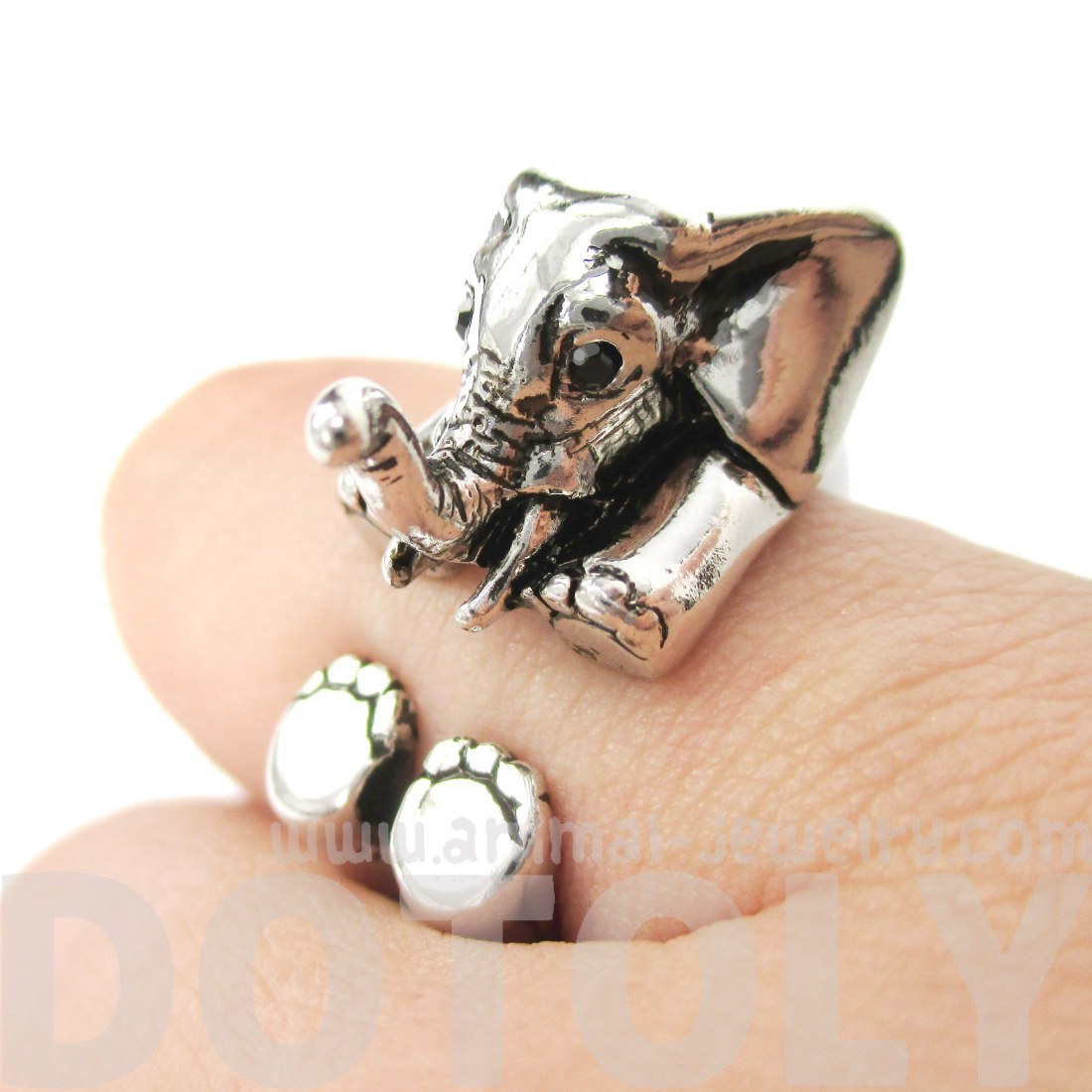 3D Baby Elephant Animal Wrap Around Ring in Shiny Silver Size 5 to 8.