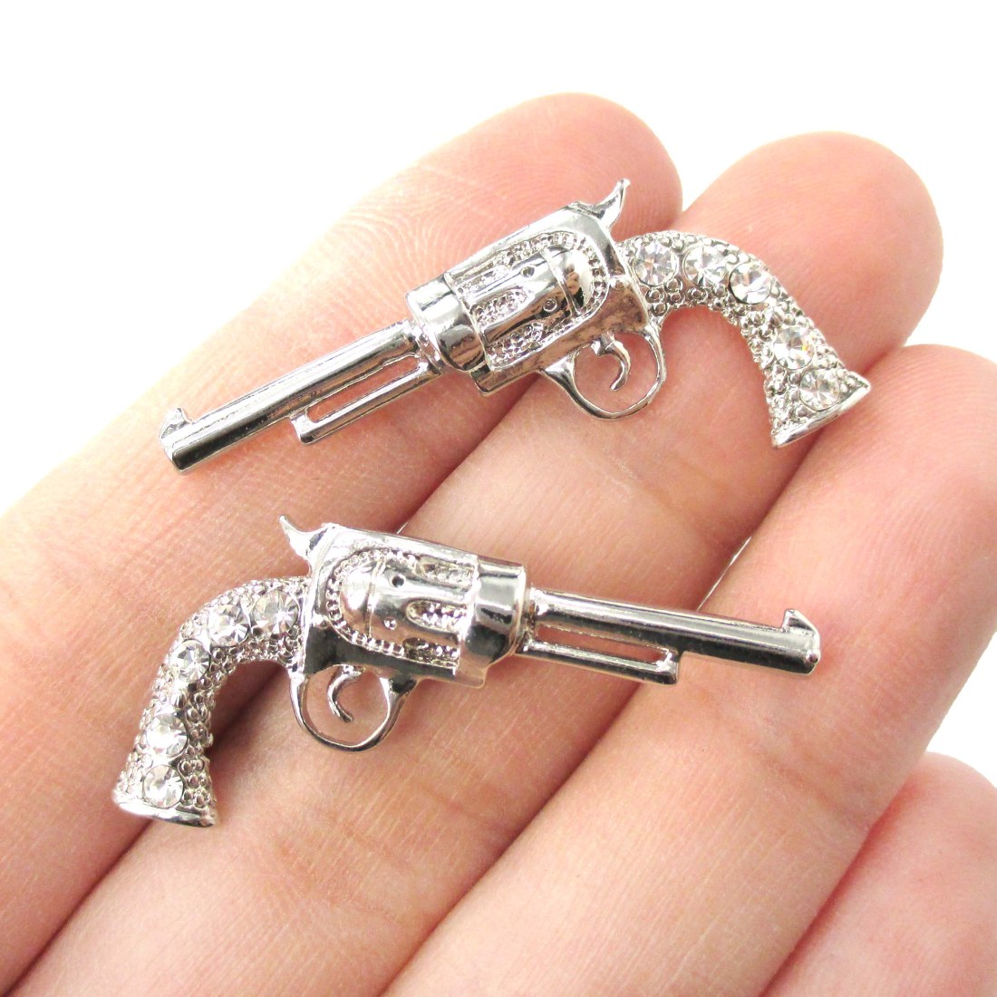 Realistic Gun Revolver Shaped Rhinestone Stud Earrings in Silver
