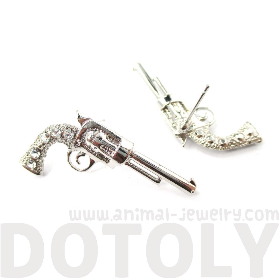Realistic Gun Revolver Shaped Rhinestone Stud Earrings in Silver
