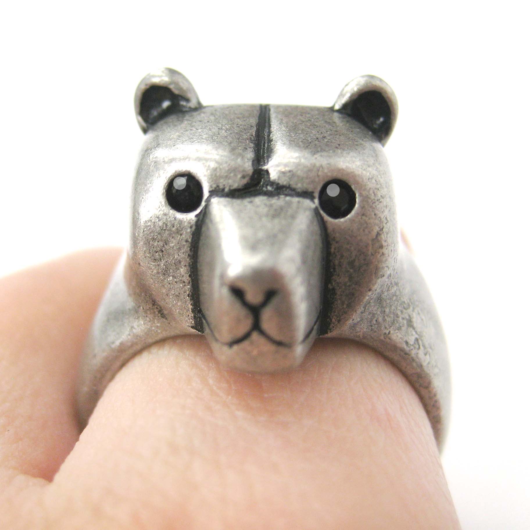 Adjustable 3D Polar Bear Animal Wrap Around Cute Ring In Matte Silver 