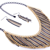 Black Gold and Silver Chain Bib Statement Necklace with Earrings