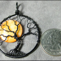 Under A Halloween Moon - Tree of Life Pendant with Orange Pearl Coin Bead in Black Wire Wire Wrapping