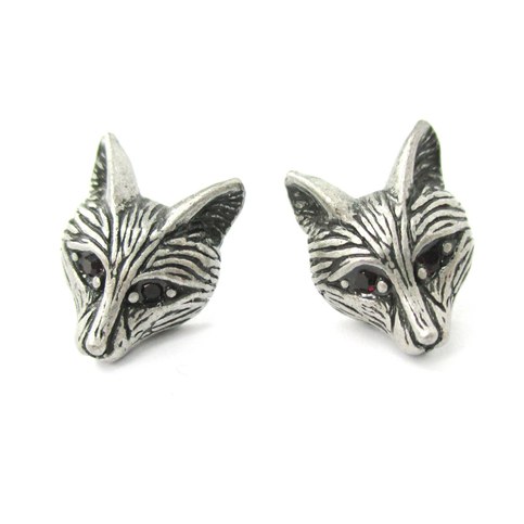earrings animal stud shaped fox rhinestones silver head jewelry dotoly