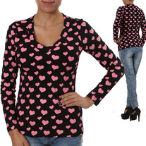 L Black Long Sleeve Punk T-Shirt Pink Puff Heart Print Punk Tee Top