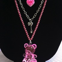 Pink Love Tart Pearl Multi Chain Necklace Tea Party Teddy Bear Pendant