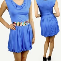 L - blue dress sleeveless cowl neck jersey knit bubble skirt mini sundress