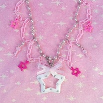 pink white key and star charm necklace with silver & plastic chain & pink glass pearls