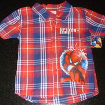 Red/Blue Plaid Spiderman Short Sleeve Shirt-NEW-Size 2T