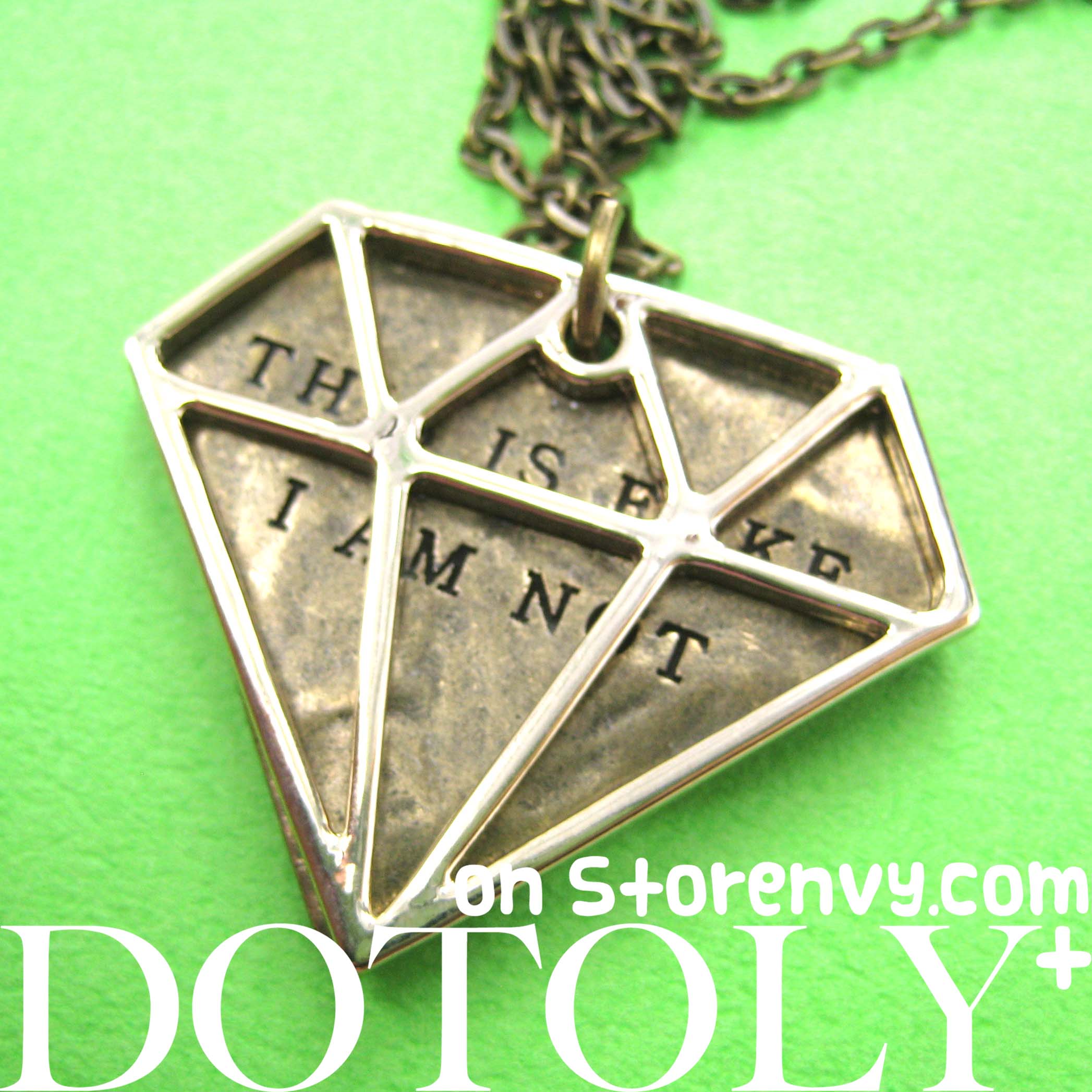 Diamond Shaped "This is Fake I am not" Charm Necklace in Bronze