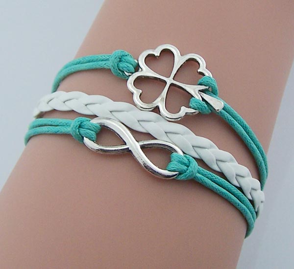 Silver clover bracelet,infinity bracelet,White leather mint rope,women