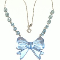 big pretty blue bow pendant necklace pearl bead silver plated chain