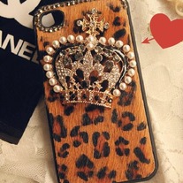 Chic Furry Brown Leopard w/Pearl Crown iPhone Case