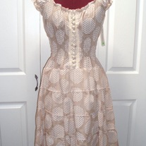 brown beige polka-dot print short puff sleeve sundress cotton lace fitted dress