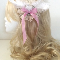 pretty cream cotton lace angel wing white feather silver heart hair bow barrette