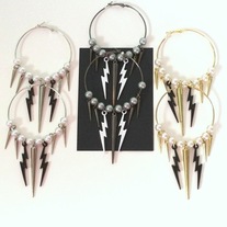 silver gunmetal OR gold tone black white lightning bolt spike charm pearl dangle hoop earrings