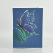 Handdrawn oil pastel color butterfly on navy portrait card