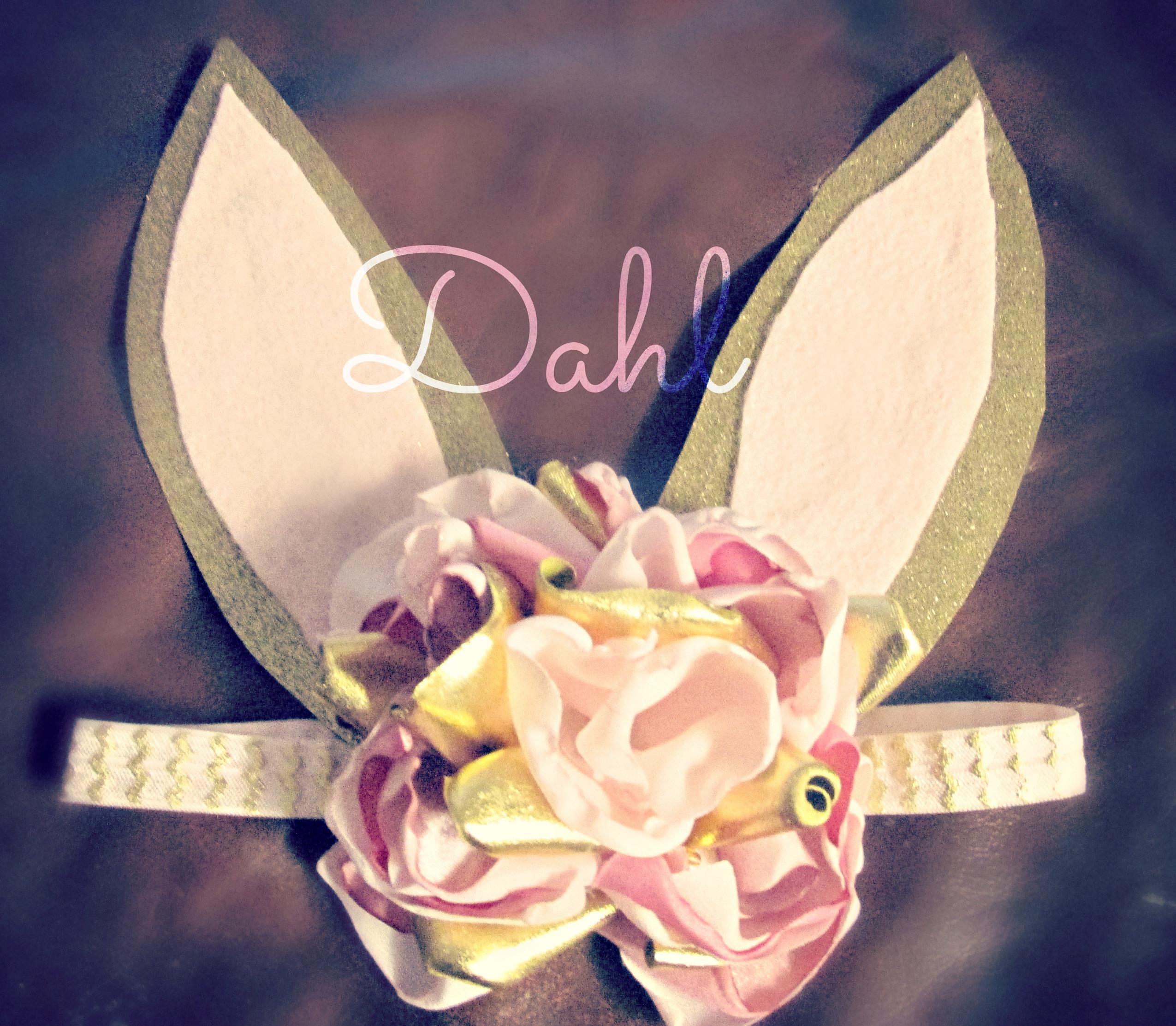 Bunny Dahl headband, bunny ears headband, gold glitter bunny ears on