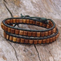 Green Leather Wood Bead Wrap Bracelet