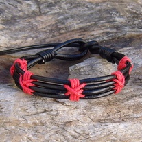 Black Leather and Red Hemp Knot Bracelet