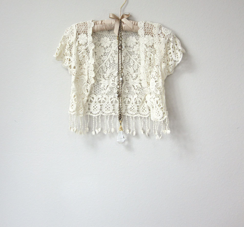 Beautiful Ivory White Crochet Short Sleeve Capelet, Cover Up Jacket