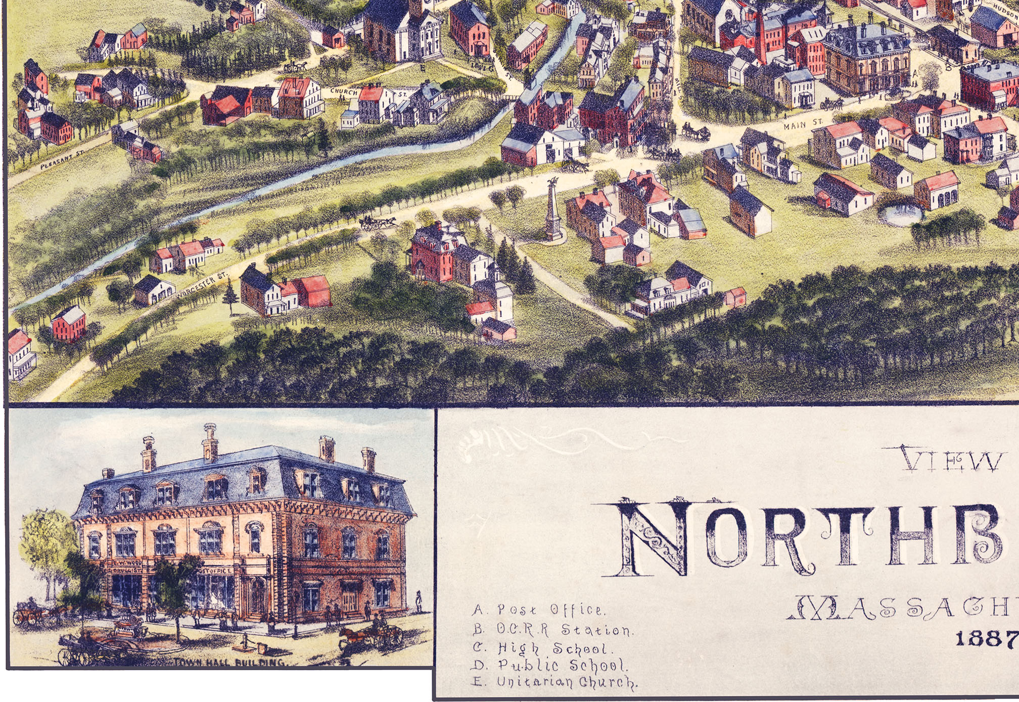 Northborough, Massachusetts in 1887 Bird's Eye View Map, Aerial Map, Panorama, Vintage map