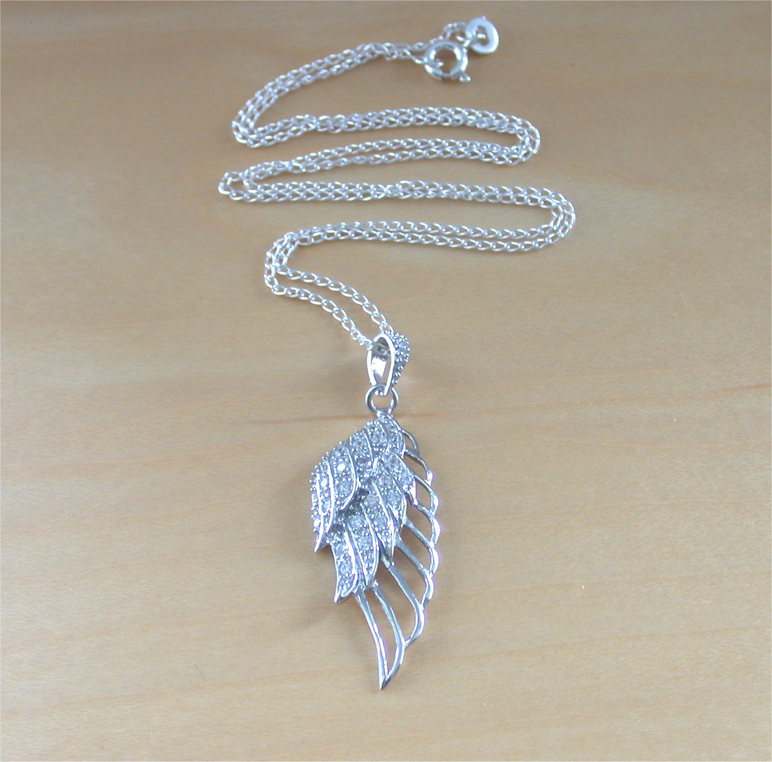 925 Angel Wing Pendant & 18"Sterling Silver Chain/Silver Crystal Angel