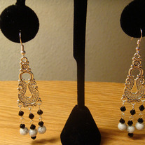 Black Crystal & White Glass Marble Chandelier Earrings
