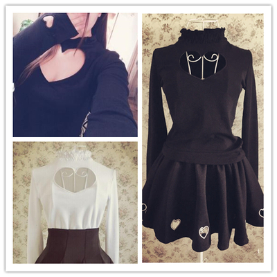 S/m black/white japanese open chest heart out long sleeve shirt sp152256