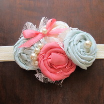 Mint and Coral Rosettes headband