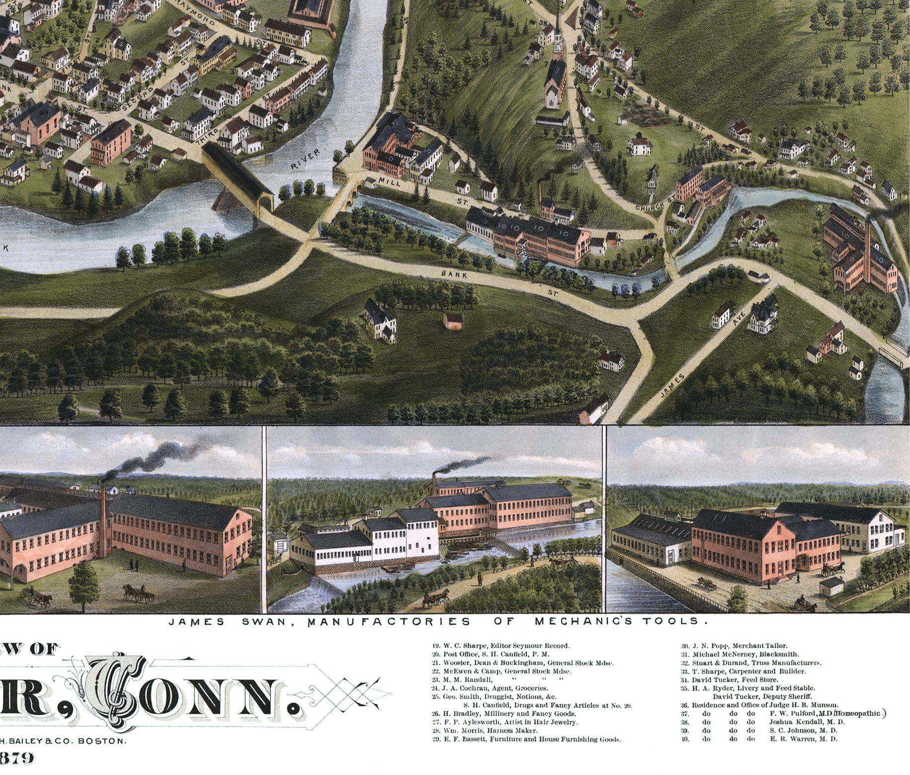 Seymour, Connecticut in 1879 Bird's Eye View Map, Aerial, Panorama