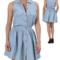 In S or M - light blue denim sleeveless button-down gathered collar dress
